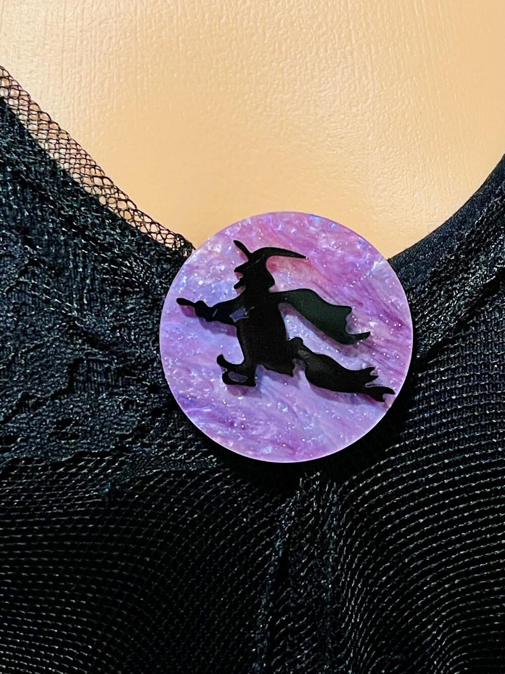 Limited Edition Purple Acrylic Witch Brooch - Halloween Moon Pin 2" H